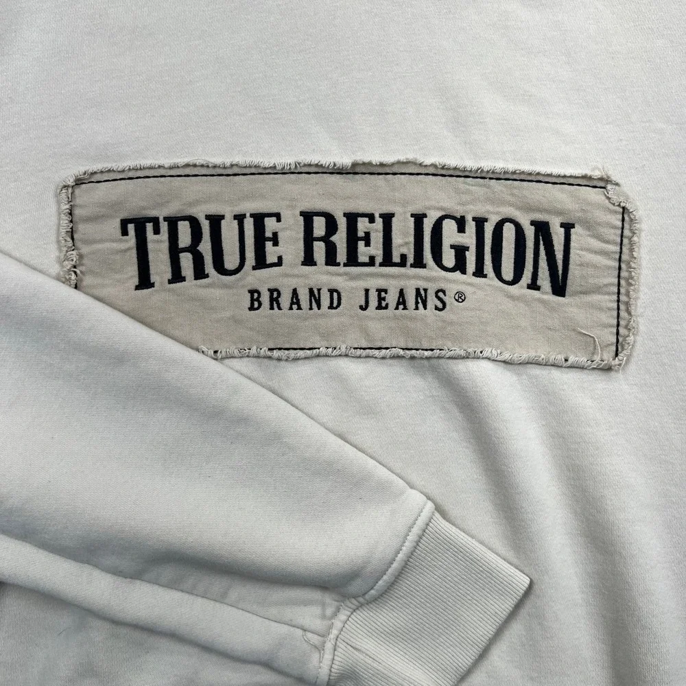 True Religion Hoodie Mens Large Cream Logo Patch Pullover Fleece Sweatshirt